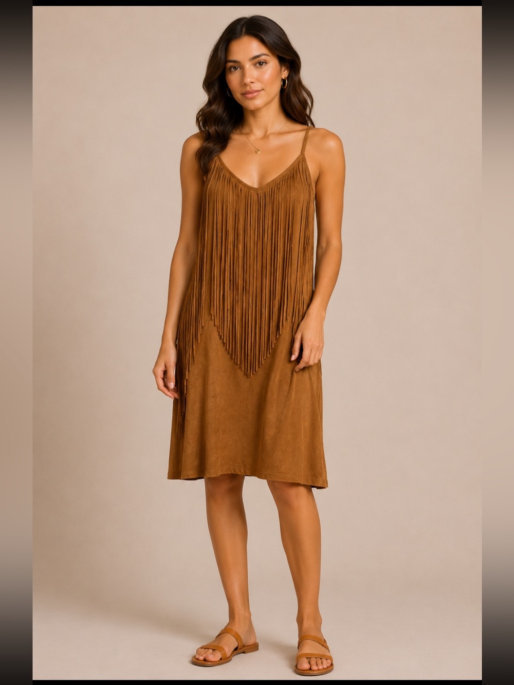Fringe-Front Mini Dress in Tan